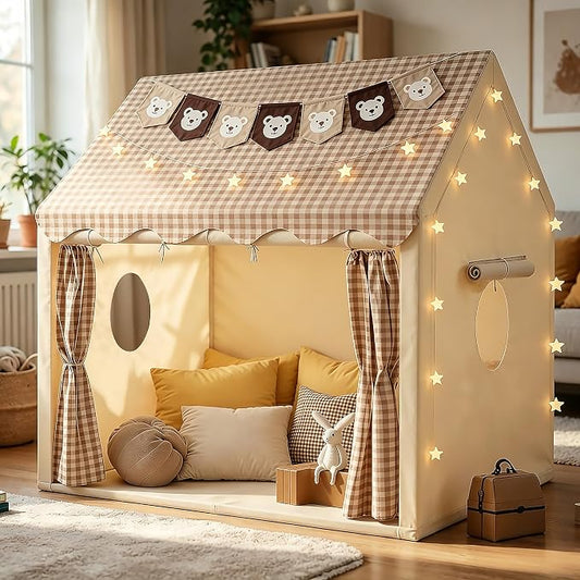 Kids Play Tent Indoor Outdoor Playhouse with Star Lights, Bunting Flags, Washable, Portable Carry Bag, Lattice Top, 47.2" x 39.3" x 52.2", Birthday Gift for Boys Girls