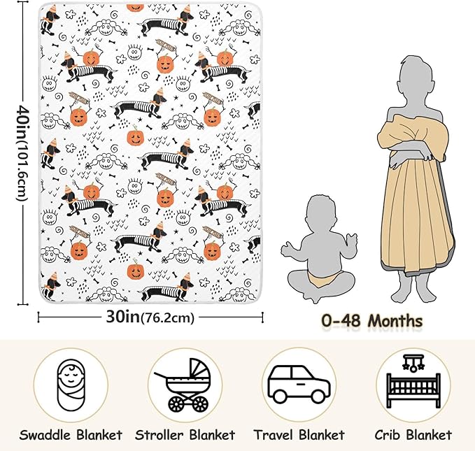 Ollabaky Halloween Dog Dachshund Skeleton Baby Blanket for Boys Girls Cotton Throw Blanket Swaddle Blanket for Crib Stroller Nursery Receiving Blanket Infant Toddler Unisex 30"x40"