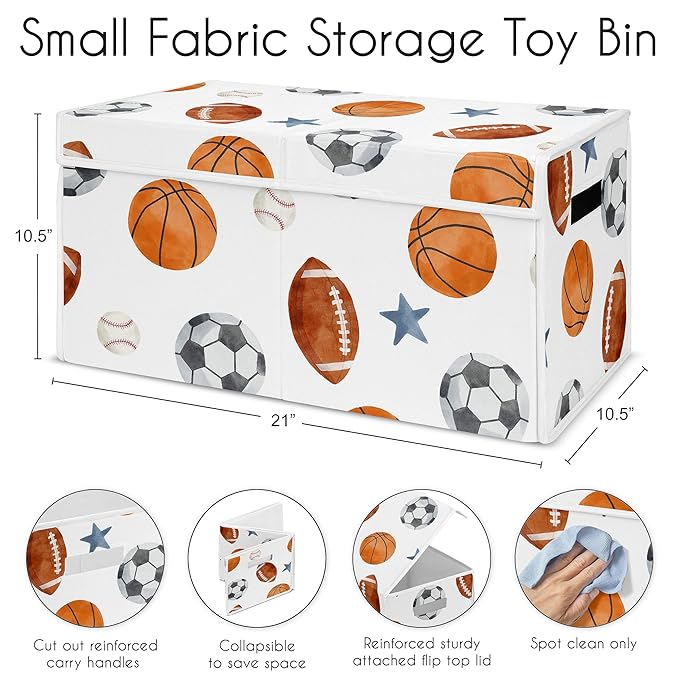 Sweet Jojo Designs Sports Theme Boy Collapsible Toy Storage Box Chest Organizer with Lid Baby Nursery Kids Childrens Room Watercolor Vintage Sport Soccer Balls Football Baseball Basketball Blue Stars