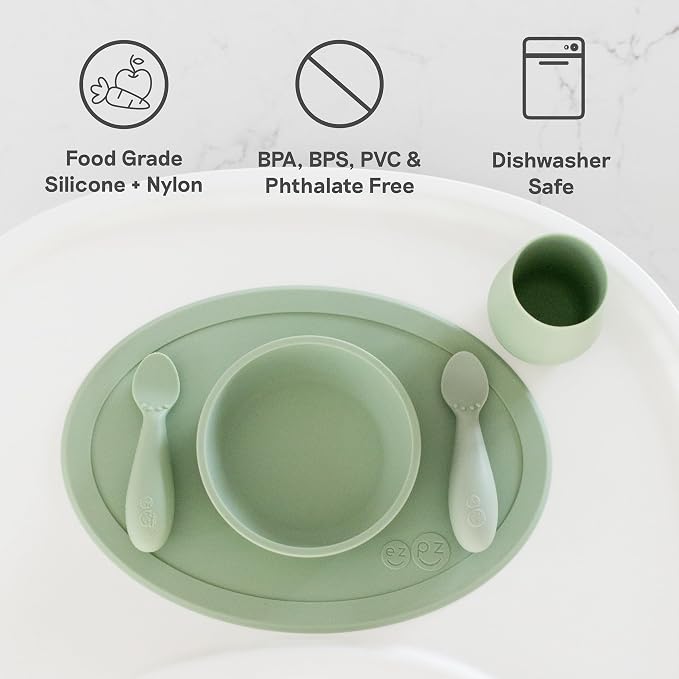 ezpz Kit 2: Learn to Eat and Drink (Pewter) - Tools to Help Your Baby Practice Chewing, Sipping, and Self-Feeding - Start Solids + Baby-Led Weaning Safely - Shower Essentials & Gifts