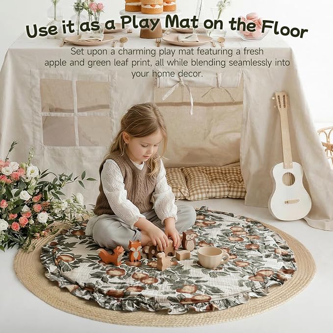 Wooden Baby Play Gym with Apple & Leaf Print Play Mat, Baby Gym with 5 Sensory Toys, Foldable Baby Activity Center Play Gym Frame for Newborn Infant Shower Gift