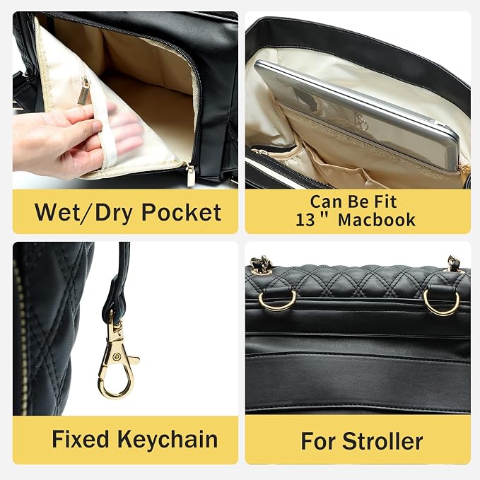 miss fong Diaper Bag Backpack Baby Diaper Bag for baby boy and girls, Leather Baby Bag with 13 diaper bag organizing pouches, Changing Pad, Stroller Straps and 4 Insulated Pockets(Black)