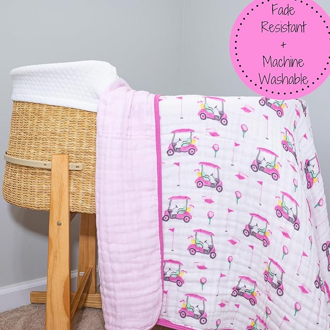 LollyBanks Muslin Baby Blanket, 100% Cotton Baby Quilt for Girls, Large 47 x 47 Inches, 6 Layers Soft and Breathable Toddler Blanket, Cozy Newborn Nursery Blankets, Registry (Pink Golf Print)