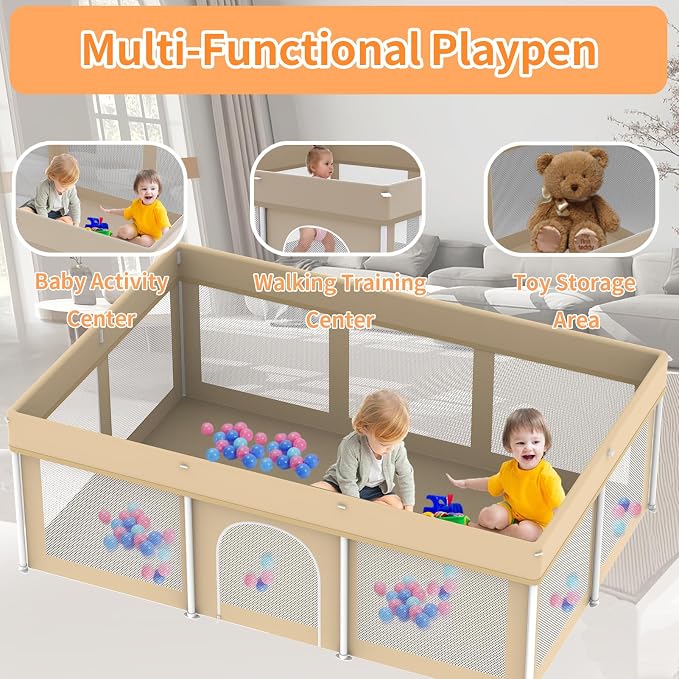Foldable Large Baby Playpen 50"×71", Portable Playard for Babies & Toddlers, No Assembly, Safe Zipper Gate, Soft Mesh Sides, Ideal for Indoor & Outdoor Use, Includes 100 Ocean Balls, Beige