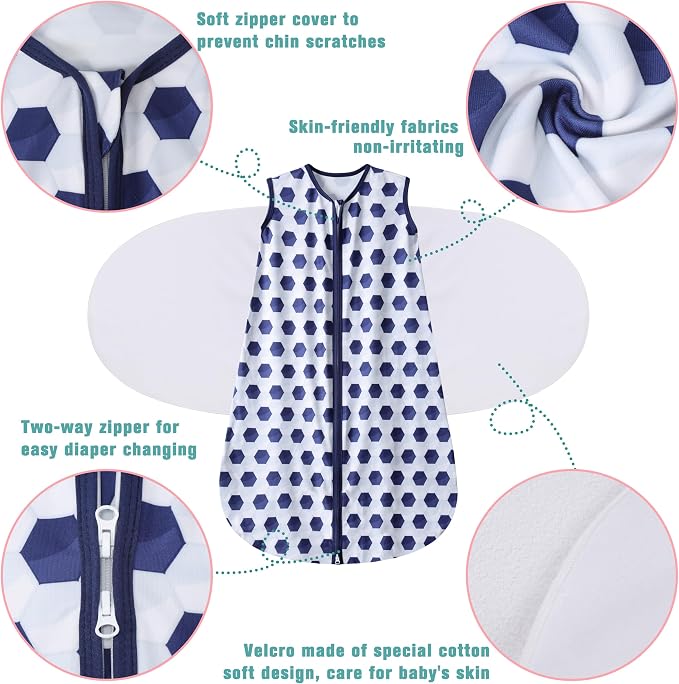 BSTOPPT Newborn Sleep Sack Baby Swaddle,3-Way Adjustable Wearable Blanket,100% Rayon Cotton Swaddling Sleeping Bag，TOG 0.5 (Soccer & Triangles, 3-6 Months)