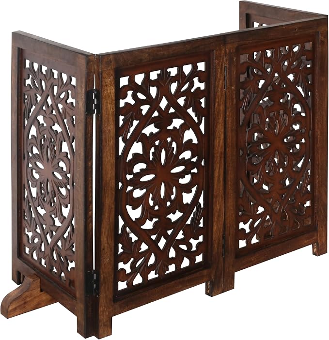 Free Standing Dog Gate – 4 Panel Foldable Wooden pet gate Indoor 56" W x 28" H, Hand-Carved Solid Wood & MDF, Portable Indoor Gate for Doorways, Halls, Stairs – Fully Assembled, Burnt Finish