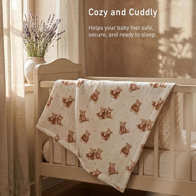 GLLQUEN BABY Blankets for Boys Girls, Soft Muslin Cotton Front Dotted Fleece Backing, Nursery Minky Crib Blanket for Infant Toddler, 30 x 40 inches Throw Blanket, Bears