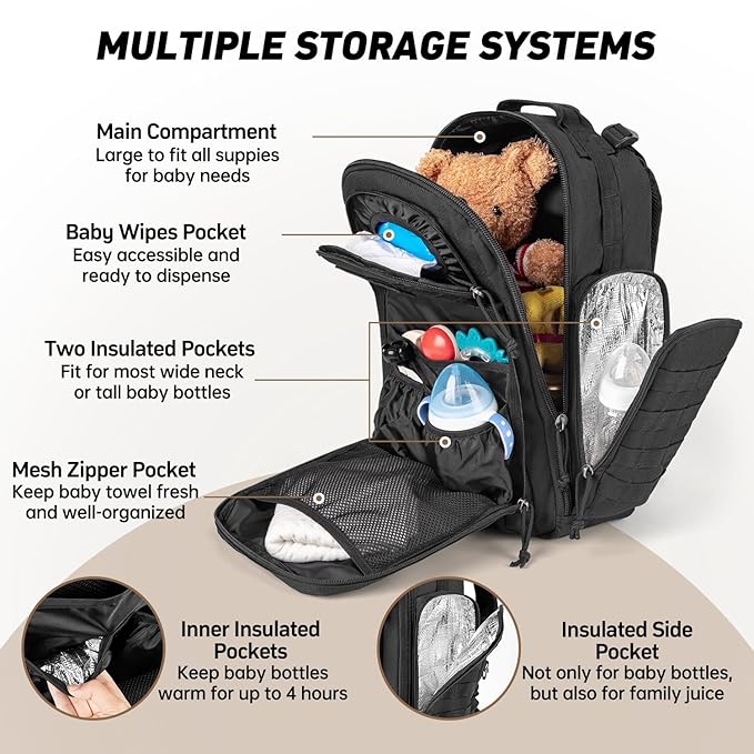 SHARKMOUTH Dad Diaper Bag Military - Large Baby Diaper Backpack with Changing Pad for Travel Camping Trips Park - Newborn Baby Shower Gifts Black