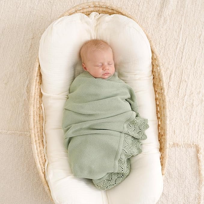 Hadetoto Baby Blanket Soft Cozy Cotton Cable Knit Crochet Receiving Crib Nursery Swaddling Blankets for Newborn Boys Girls (Baby Green)