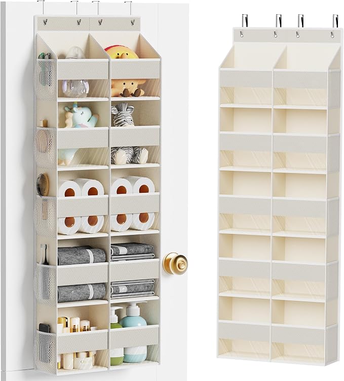 MAX Houser 5-Shelf Over The Door Hanging Organizer with 4 Metal Hooks，5 Pocket Over The Door Wall Mount Storage with Clear Windows for Bathroom Closet,Bedroom(Beige)