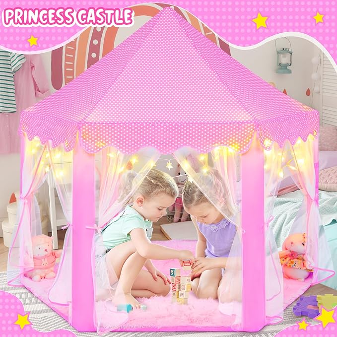 Pink Princess Tent for Girls With LED Small Star Lights, Castle Playhouse for Children Toddlers Indoor Outdoor Games, 5553 Inches