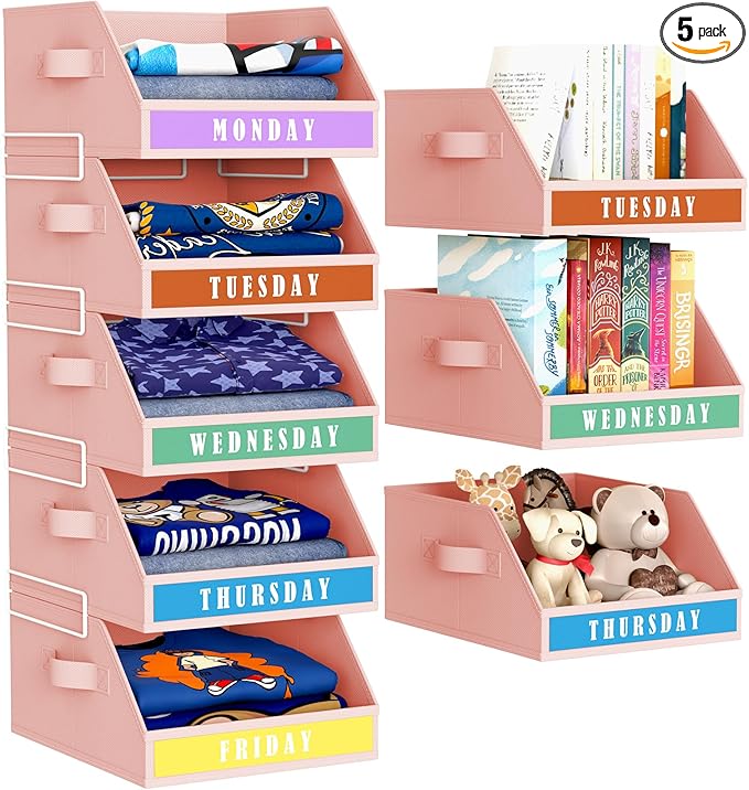 DIMJ Closet Organizers Storage Bins - Clothes Organizer Kids with Weekly Labels & Frame, Stackable Basket Organization, Foldable Shelf Storage Container for Wardrobe Bedroom