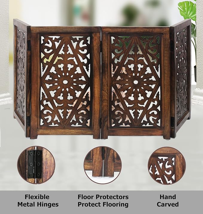 Croft&Cane Wooden Foldable Pet Dog Safety Gate – 4 Panel Freestanding Indoor Pet Fence - 13 inches W x 25 inches H – Hand-Carved Solid Wood & MDF – Fully Assembled - Dark Walnut