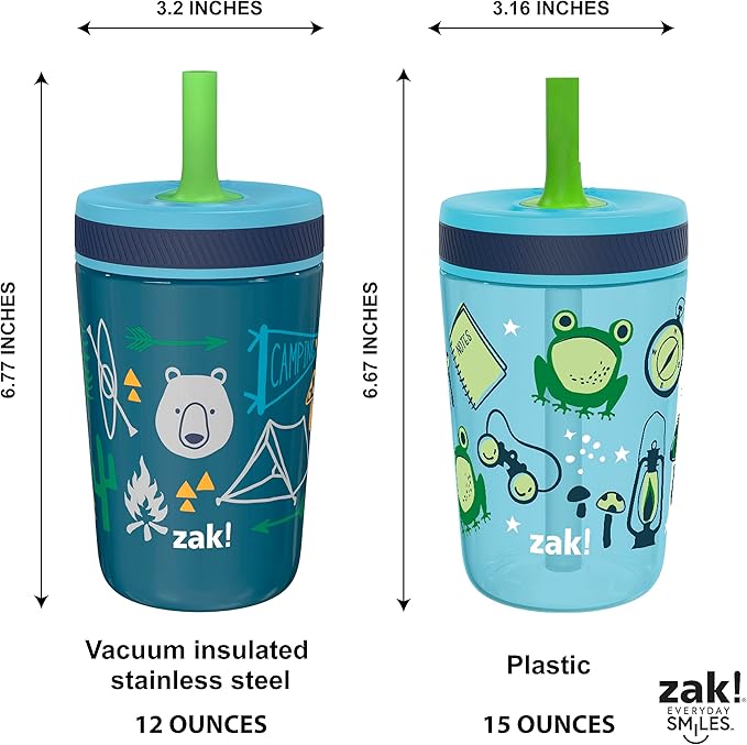 Zak Designs Campout and Camping Kelso Tumbler Set, Leak-Proof Screw-On Lid with Straw, Bundle for Kids Includes Plastic and Stainless Steel Cups with Bonus Sipper, 3pc Set, Non-BPA