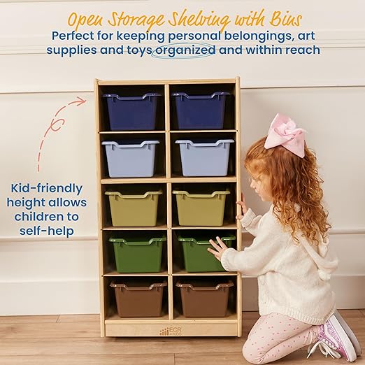 ECR4Kids 10 Cubby Mobile Tray Cabinet and 10 Scoop Front Bins, 5x2, Kids Furniture, Earthtone