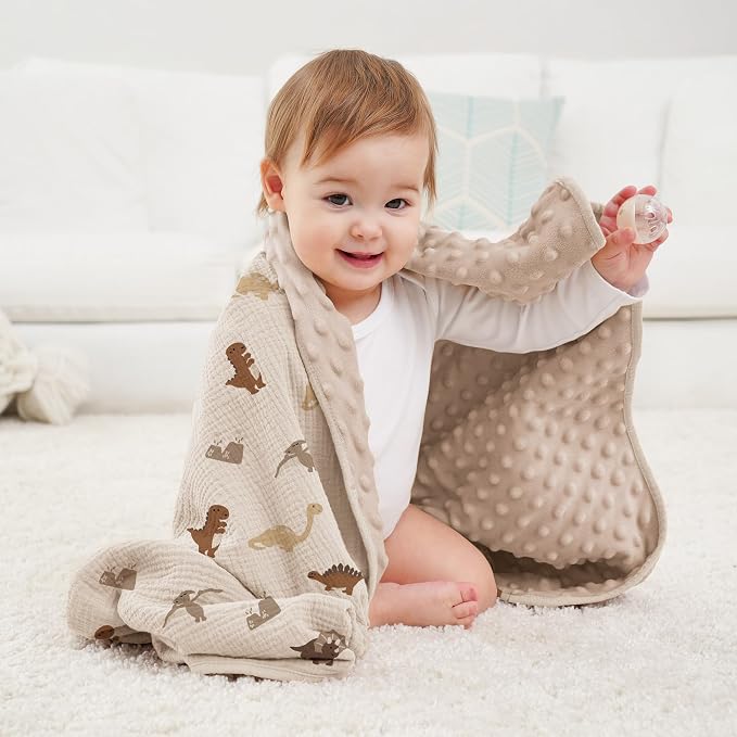 Susurration Baby Blanket for Unisex Boys Girls, 2 Pack Soft Fluffy Crib Blankets with Muslin Cotton Front and Dotted Fleece Back, Receiving Blanket for Baby Newborn Infant, 30x40inch, Dinosaur&Cream