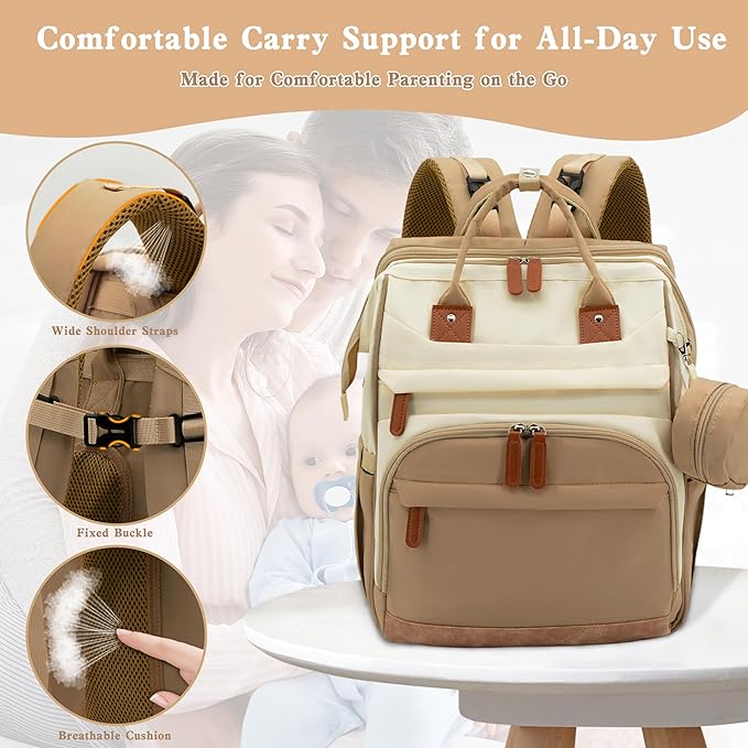 Diaper Bag Backpack for New Parents, Large Capacity Baby Travel Bag with Bottle Holders, Multiple Compartments (Khaki Brown)