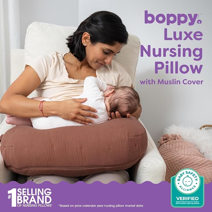 Boppy Nursing Pillow Luxe - Ergonomic Bottle & Breastfeeding Pillow with High Lift & Firm Support - Water-Resistant with Washable Cotton Muslin Cover - Baby Safety Alliance Verified - Chestnut