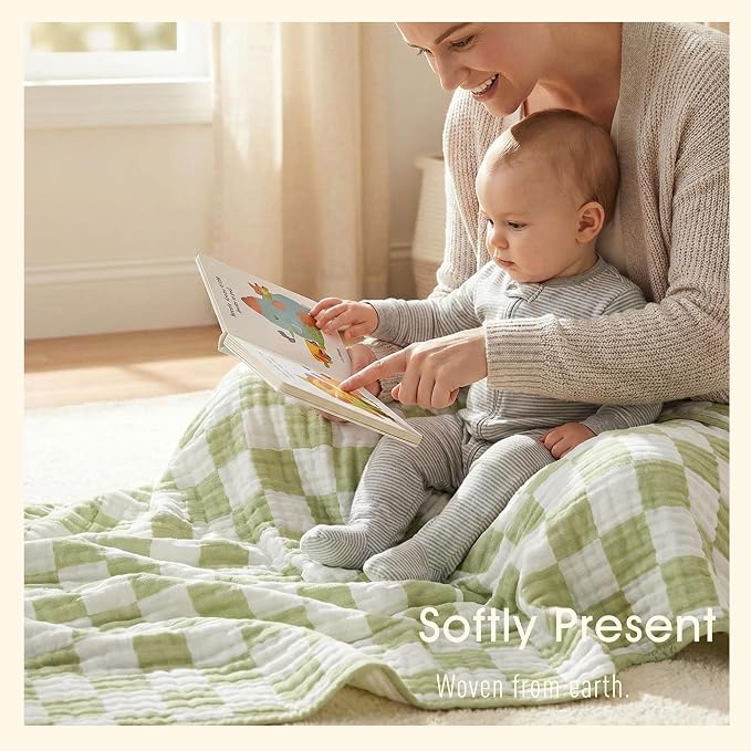 6-Layer Muslin Baby Blanket Made with Organic Cotton - Classic Neutral Checkered, Swaddle & Crib Quilt, 43”x43”, Warm Sage Green Checkered