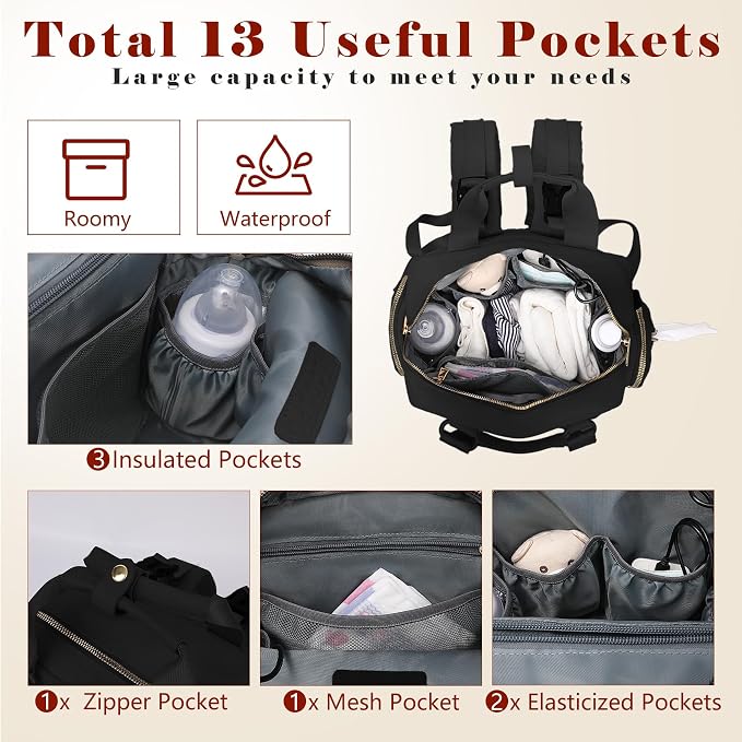 Diaper Bag Backpack Travel Baby Bag with Changing Pad,13 Pockets, Insulated Pockets,USB Charging Port,Baby Shower Essentials,Black