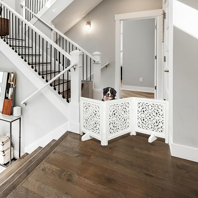 Decorative Wooden Dog Gate, Free Standing Folding Pet Fence 3 Panel, 60x24 Inch Dog Barrier for Doorway or Hallway, Daisy Design, Antique White Finish