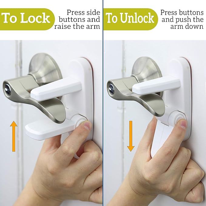 Door Lever Lock (6 Pack) Prevents Toddlers from Opening Doors. 3.25" L * 1.5" W * 4.5" H Easy One Hand Operation for Adults. Durable ABS with 3M Adhesive Backing. Simple Install, No Tools Needed.