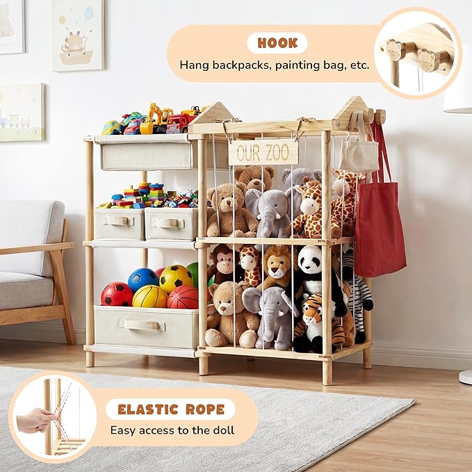 Kids Toy Organizers and Storage with 4 Toy Bins - Stuffed Animal Zoo Holder with 2 Hooks - Large Capacity Playroom Organization - Plush Storage for Toddler & Living Room