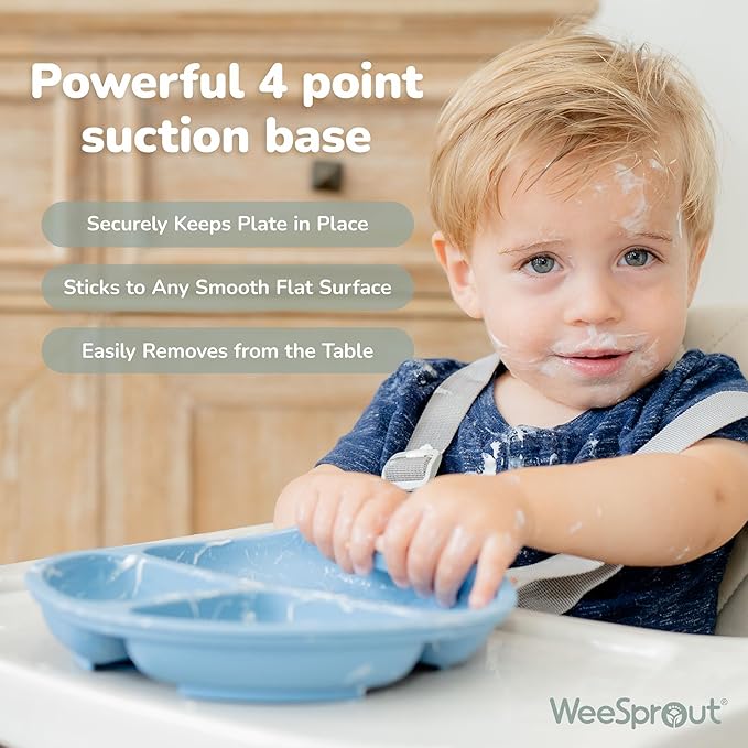 WeeSprout Suction Plates for Babies & Toddlers - 100% Silicone, Dinnerware Stays Put, Divided Design for Picky Eaters, Microwave & Dishwasher Friendly, 3 Pack