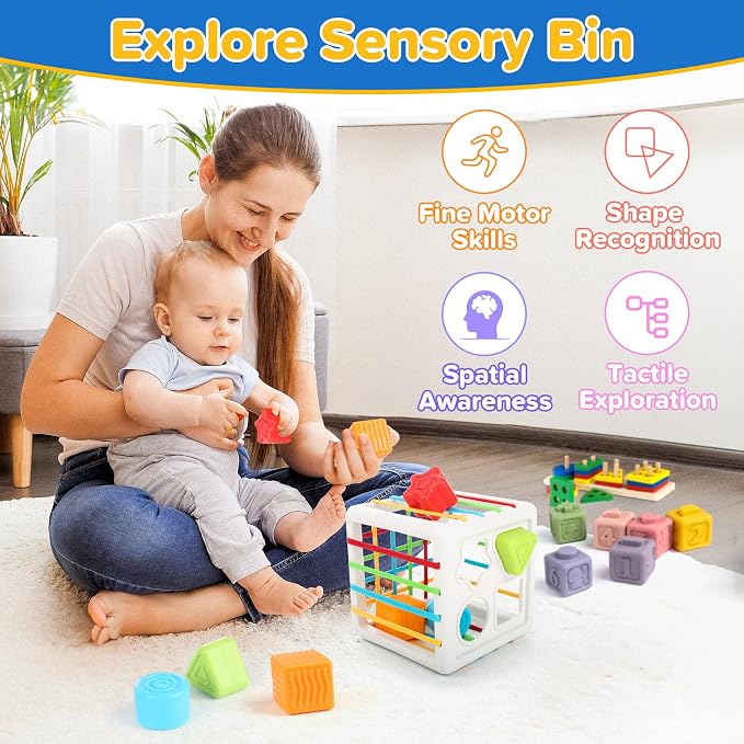 6-in-1 Baby Toys 6 to 12 Months, Montessori Toys for Babies 6-12-18 Months, Infant Teething Toy Stacking Blocks Rings Sensory Bin, Sorting Sensory Educational Learning Gift for Toddlers Aged 1-3
