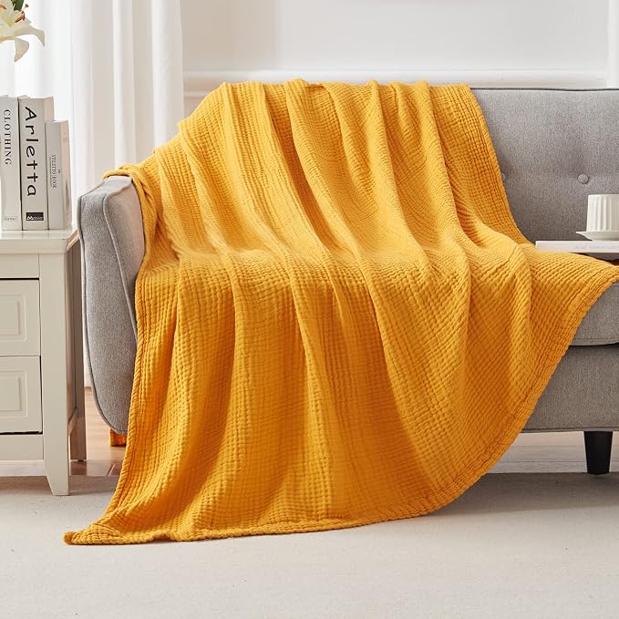 EMME Cotton Twin Blanket 100% Muslin Blanket for Couch Breathable Gauze Blanket All Season Soft and Lightweight Pre-Washed (Mustard Yellow, 60"x80")