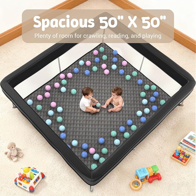 Foldable Baby Playpen with Mat, 50"×50" Collapsible Play Yard for Babies and Toddlers, No Assembly Required, Kids Safety Play Area with 4 Handles, 50 Balls and Visible Mesh, Black