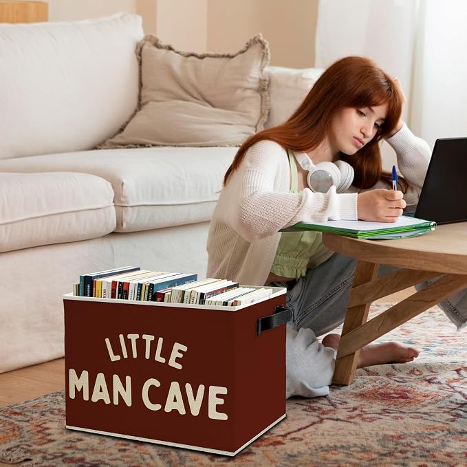 Little Man Cave Boys Storage Bins Box with Handles, Olive Red Boho Collapsible Basket Organizer for Kids Boys Playroom Nursery Room Bedroom Bathroom Toys Books Clothes
