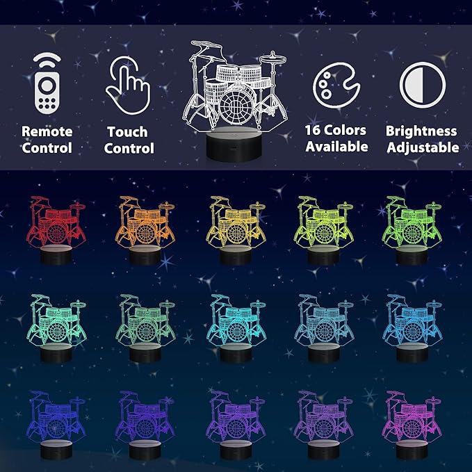 Ammonite Drum kit Night Light, 3D Illusion lamp for Kids, 16 Colors Changing with Remote & Timer, Amazing Idea Choice for Musical Instrument Shop Home Party Supply Decoration