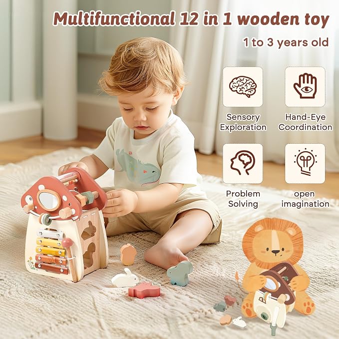 Youuys Wooden Activity Cube - 11-in-1 Montessori Toys for 1+ Year Old Boys & Girls, Multipurpose Educational Sensory Toys for Toddler, First Birthday Gift, Busy Board Toys for 18 Months (Mushroom)