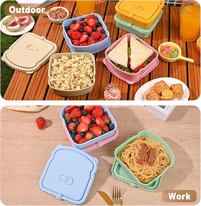 4 Pack Sandwich Containers, Silicone Snack Containers with Airtight Lids, Reusable Toast-Shaped Sandwich Box, BPA-Free, Dishwasher Safe, Food Storage Containers for Snacks & Fruits (A)