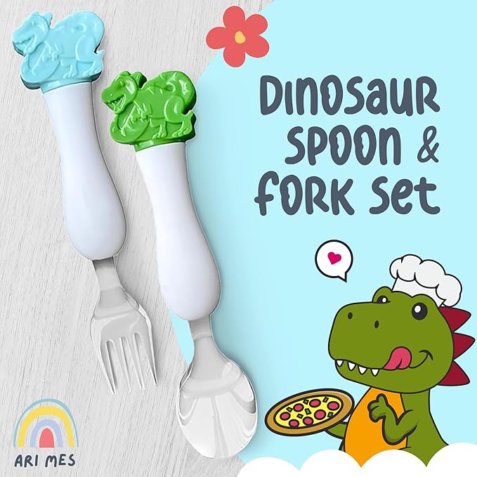 ARI MES - Dinosaur Fork and Spoon Set for Kids, Dinosaur Kids Spoon and Fork Set - Dino Spoons for Toddlers, Dinosaur Utensils for Children, Dinosaur Utensils for Toddlers, Children's Silverware