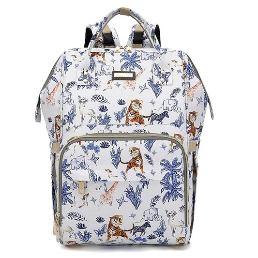 Diaper Bag Backpack, Diaper Bags for Baby Girls Boys, Baby Bags for Moms Dads, Nappy Changing Bag with Insulated Pockets,Multi-functional Waterproof Backpack with Stroller straps-Animal World White