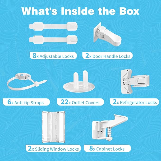 Inaya Baby Proofing Kit Advanced Set - Child Safety Hidden Locks for Cabinets & Drawers, Adjustable Safety Latches, Door Lever Locks and Outlet Covers and more - Keep Your Child Safe at Home