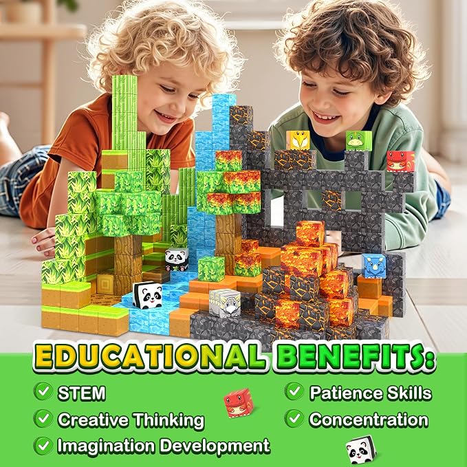 Magnetic Blocks-Build Mine Magnet World Dinosaur Panda Toys Kids Games, Toddler STEM Educational Sensory Dino Toys for Kids 3-5 5-7, Birthday Gifts for 3 4 5 6 7 8 Year Old Boys and Girls