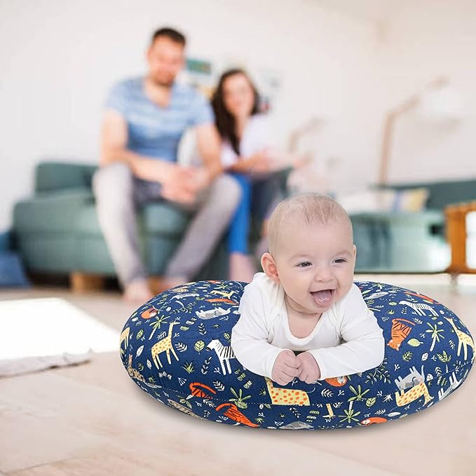 LAT Nursing Pillow for Breastfeeding,100% Cotton Removable Cover,Ergonomic Breast Feeding Pillows for Mom and Baby,Machine Washable(Blue Zoo)