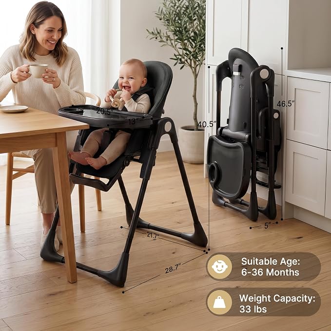 Baby High Chair, Convertible Folding Highchair with Dishwasher-Safe Tray, Adjustable Heights & Backrest, 5-Point Harness, Portable Dining High Chairs for Babies and Toddlers (Black)