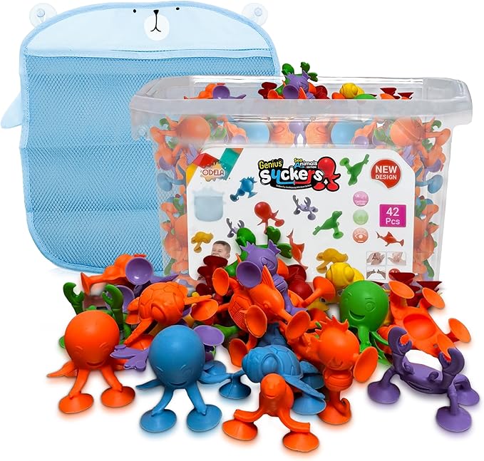 ODELA Genius Sucker Toys 42PCs Sea Animals Edition ??Fun Colorful Toddler Bath Toy Animal Toys for Toddlers 1-3 ??Safe and Durable Materials ??Educational and Cute Designs ??Ideal for Bath Time, Pool