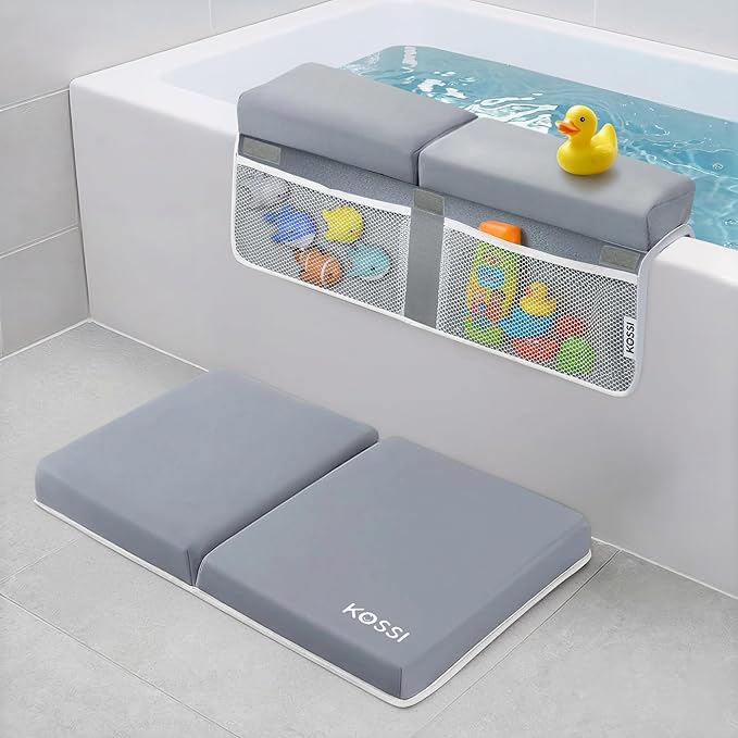 KOSSI Bath Kneeler and Elbow Rest Pad Set - Comfortable & Painless Foam Mat with Toy Organizer Pockets - Quick Drying, Foldable, Non-Slip for Baby and Toddler Bathing