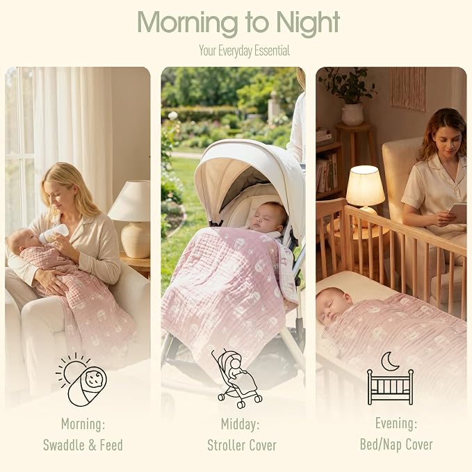 6-Layer Muslin Baby Blanket Made with Organic Cotton - Cute Bunny Rabbit Jacquard Swaddle & Crib Quilt, 43”x 43”,Blush Pink Bunny