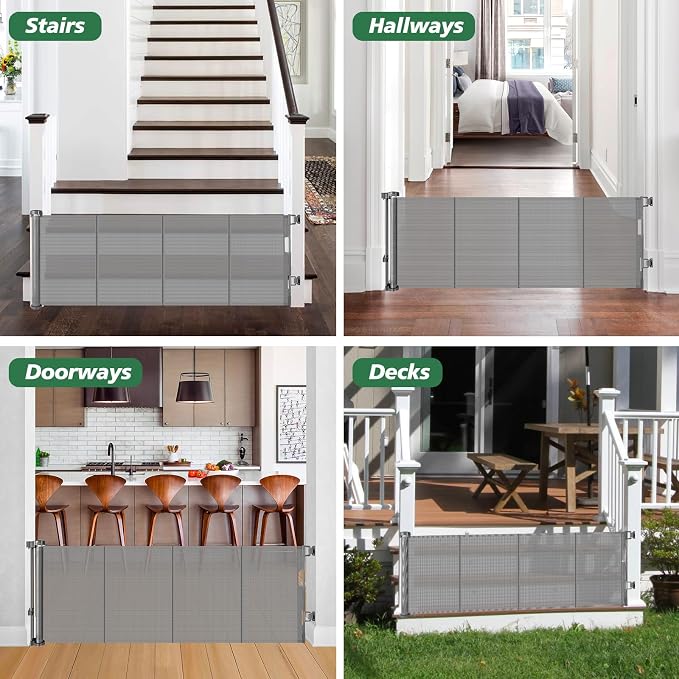 24" Tall X 80" Wide Retractable Baby Gates, Short Dog Gates to Step Over, Reinforced Mesh Pet Gate with Support Rods, Small Puppy Gates for The House, Gray
