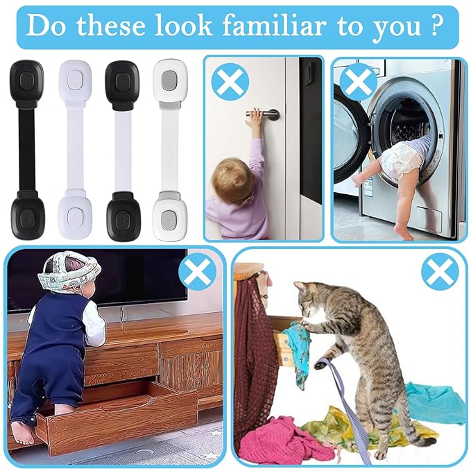 Fursafe&Q Baby Cabinet Locks, Child Safety Cabinet Proofing -Child Safety Strap Locks Adhesive Drawer Fridge Ovens Door Toilet Latches No Drill Multi-Purpose for Furniture Kitchen Lock (WB, 6Pack)