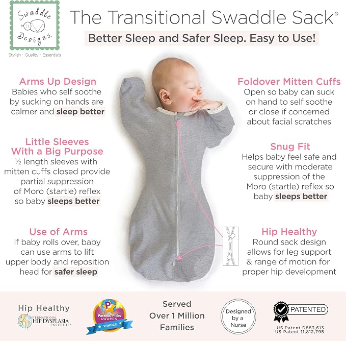 SwaddleDesigns Transitional Swaddle Sack, Arms Up Half-Length Sleeve Mitten Cuff, Most Gradual Transition Swaddle for Newborn