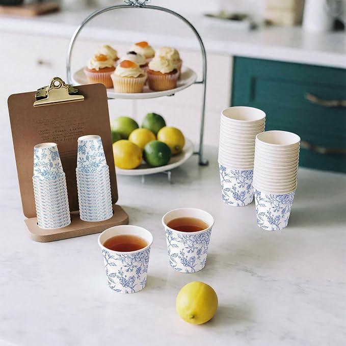 WRAPAHOLIC 3oz Paper Cups - 100 Pack Disposable Bathroom Cups with Toile Blue Floral Design, Small Mouthwash Cup for Toothbrush Rinse, Home Bathroom, Picnic, BBQ, Travel and Party