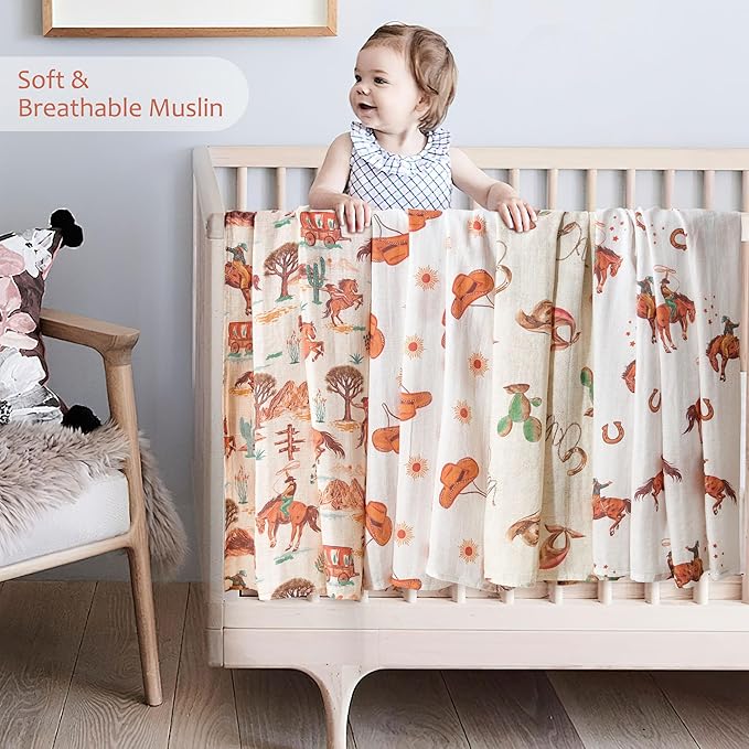 Muslin Swaddle Blankets for Newborn, 4 Pack Large 47"x47" Soft Breathable Bamboo Cotton Baby Blanket, Lightweight Receiving Blanket for Boys and Girls, Wild West Adventure