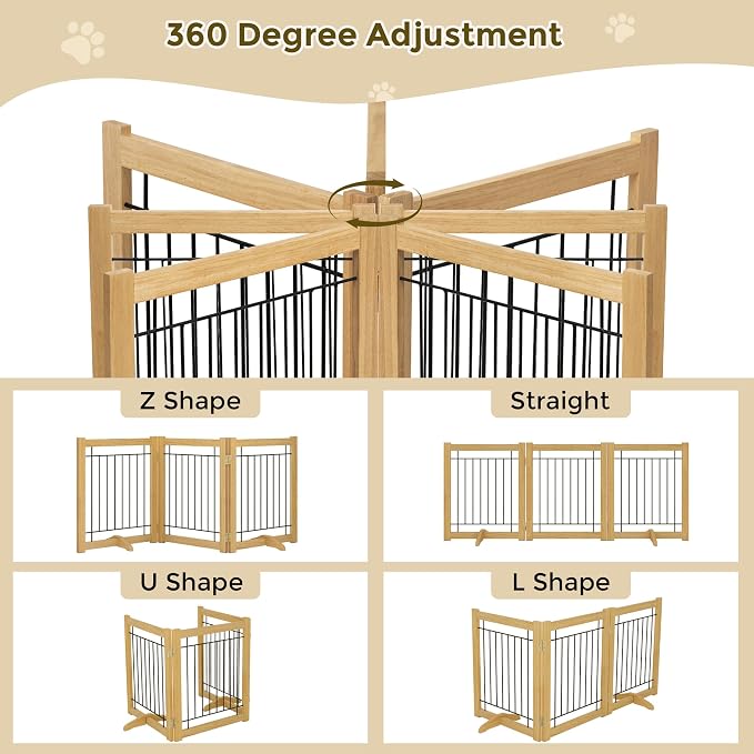 Acovy Wire Dog Gate Solid Wood Frame, Anti-Chewing Pet Gate Indoor Freestanding Indoor Foldable Dog Fences for Stairs, House, Doorway Extra Wide, 3-Panel, 60" Wide Oak Color
